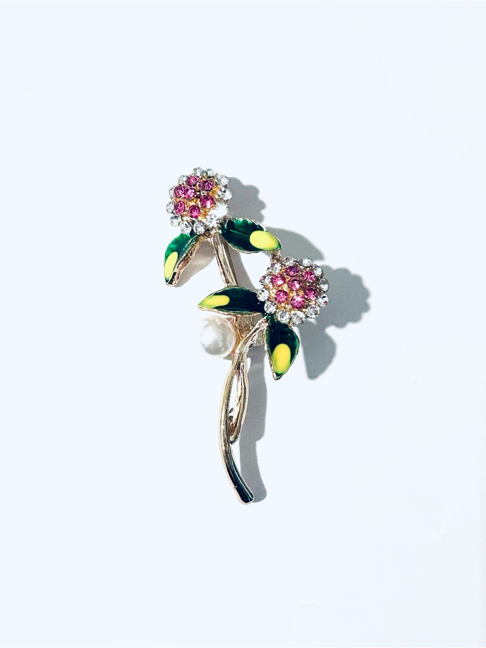 Floral Enamel & Rhinestone Brooch with Pearl Accent, Pink Flower Brooch, Jewelry